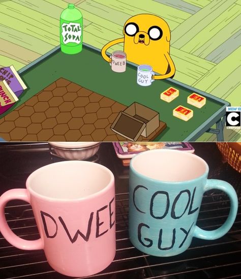 i want <<< this would probably be a pretty easy DIY... Dweeb And Cool Guy Mug, Adventure Time Home Decor, Adventure Time Diy Decor, Matching Mugs Aesthetic, Adventure Time Decorations, Adventure Time Room Decor, Adventure Time House, Adventure Time Decor, Aesthetic Adventure Time