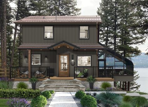 8 Rustic Paint Colors for Home Exteriors - brick&batten Dark House Light Roof, Gray Green Exterior Paint Colors, Rustic Exterior House Colors, Frame Addition, Rustic Paint Colors, Wyoming House, Green Exterior Paints, Cedar Shingle Siding, Log Cabin Exterior