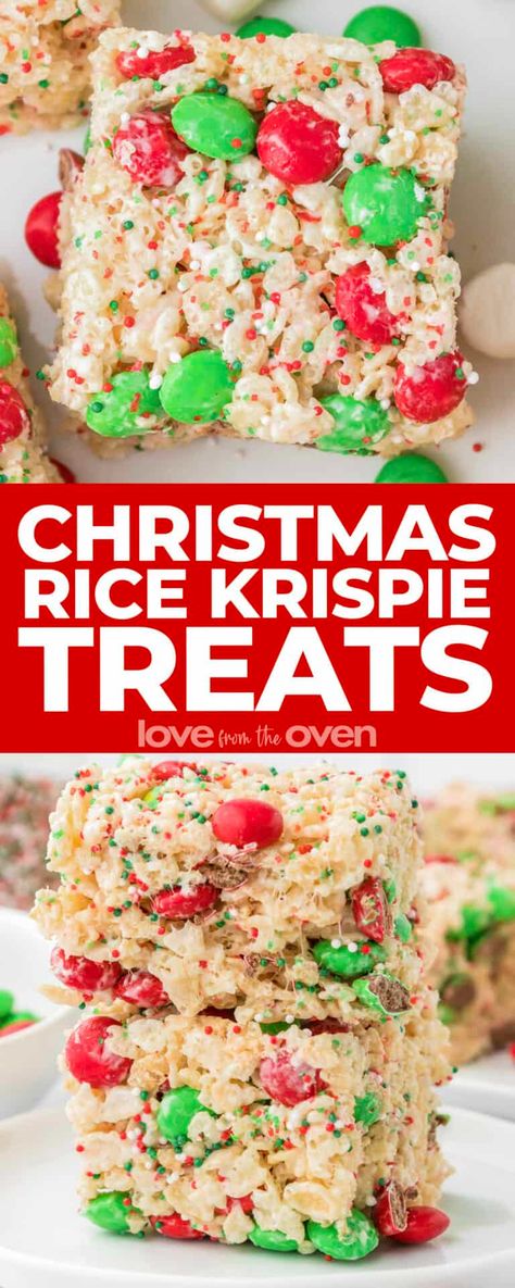 Christmas Rice Krispie Treats • Love From The Oven Snowman Rice Crispy Treats, Candy Rice Crispy Treats, Christmas Cookies Rice Krispies, Christmas Cookies With Rice Krispies, Holiday Rice Crispy Treats Christmas, Rice Krispie Treats Christmas Recipes, Christmas Rice Krispies Treats, Holiday Rice Krispy Treats, Christmas Rice Krispie Squares