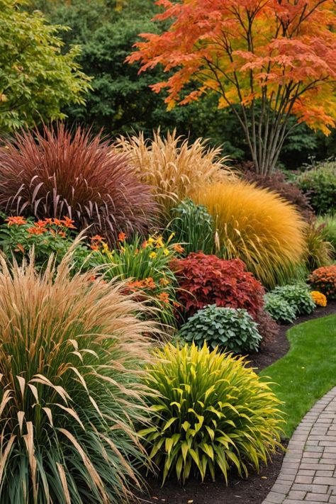 20 Fall Garden Ideas - Toolz Geek Large Flower Garden Ideas, Front Yard Country Landscaping Ideas, Fall Plants Landscape, Cottage Patio Garden Ideas, Garden Bed Landscaping, Big Yard Landscaping Ideas, Fall Flower Beds In Front Of House, Flower Border Garden, Ideas Under Staircase