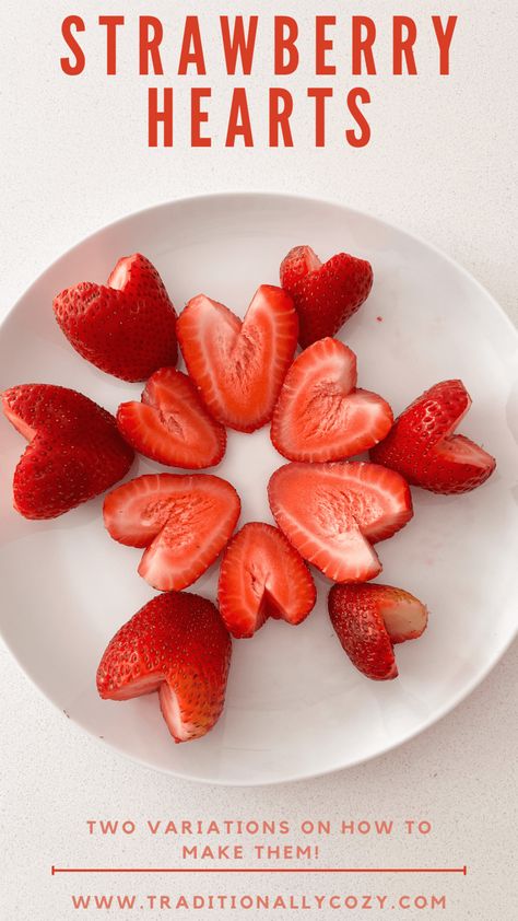 Heart Shaped Strawberries Valentines Day, How To Make Heart Strawberries, Heart Shape Strawberries, Strawberry Hearts How To Cut, Simple Kids Party Food, How To Cut Strawberries Into Hearts, Strawberry Themed Charcuterie Board, Cute Ways To Cut Strawberries, How To Cut Strawberries For Decoration