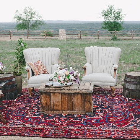 Brides.com: . A vintage llounge area with armchairs and wooden barrel side tables. Lounge Zone, Boho Event, Wedding Lounge Area, Lounge Seating Area, Boho Lounge, Vintage Couch, Wedding Lounge, Wedding Furniture, Reception Seating