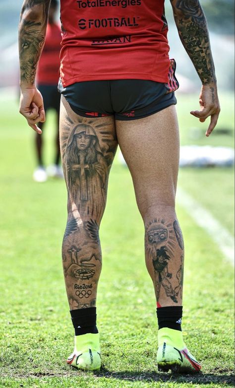 Football Leg Tattoo Men, Football Leg Tattoo, Playboy Tattoo Men, 4lifers Tattoo, Leg Sleeve Tattoo Men Full, Leg Tats For Guys, Mens Thigh Tattoo, Thigh Tats Men, Thigh Tattoos Men