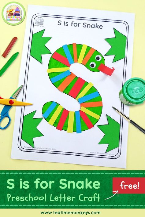 This free cut and paste "S is for Snake" printable is a very simple craft activity for preschoolers - perfect if you're teaching phonics and the letter "S"! Letter S Lessons For Preschool, S Is For Snake Preschool, Phonics Letter S Activities, S For Snake Preschool Craft, Letter S Craft Preschool, Preschool Letter S Crafts, Letter S Snake Craft, S Is For Snake Craft, Letter S Crafts For Kindergarten