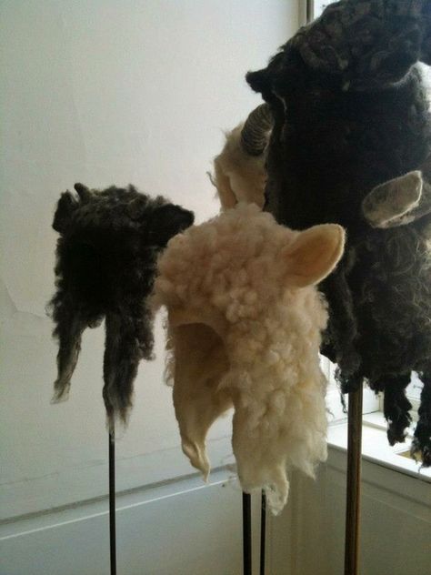 Wool felted hoods, I really WANT one, preferably a black sheep head. kc Wool Felt Clothing, Unusual Hat, Forest Hat, Sheep Hat, Lamb Hat, Fairy Hat, Sheep Costumes, Sheep Head, Aaron Smith