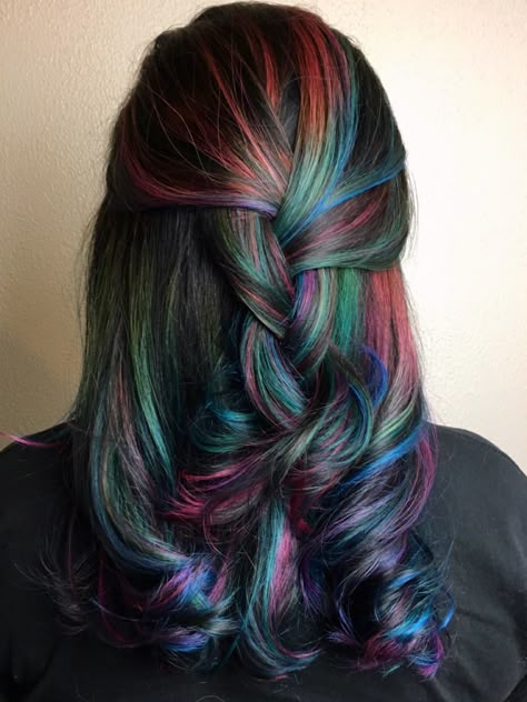 Prism Highlights Brown Hair, Rainbow Hair For Brunettes, Brown And Vivid Hair, Rainbow Balayage Hair, Colored Peekaboo Highlights, Oil Slick Hair Color Blonde, Bubble Gum Hair Color, Rainbow Streaks In Hair, Dark Prism Hair