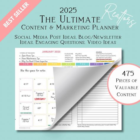 ***BEST SELLER*** Year after Year!!!! This Ultimate Real Estate Marketing Plan has 475 pieces of content to help you plan out your year. You will find a 12 month calendar to keep yourself organized, a 12 month list to keep track of your client’s birthdays and home closing anniversaries. Engaging questions to help you start conversations with potential clients. Video ideas to use on TikTok, social media or YouTube. Blog/Newsletter prompts and 367 daily ideas and prompts to help make your life... Content Calendar Social Media, Realtor Content, Real Estate Marketing Plan, Daily Ideas, Marketing Planner, Blog Newsletter, 12 Month Calendar, Content Calendar, Month Calendar