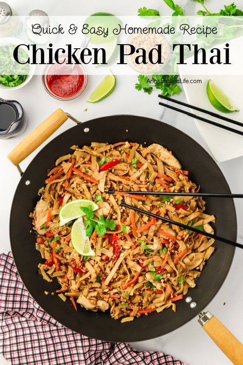 Overhead view of chicken pad Thai in a wok Simple Pad Thai Recipe, Easy Chicken Pad Thai, Chicken Pad Thai Recipe Authentic, Pad Thai Recipe Chicken, Chicken Pad Thai Recipe Easy, Recipes With Rice Noodles, Simple Pad Thai, Pad Thai Recipe Easy, Easy Pad Thai Recipe