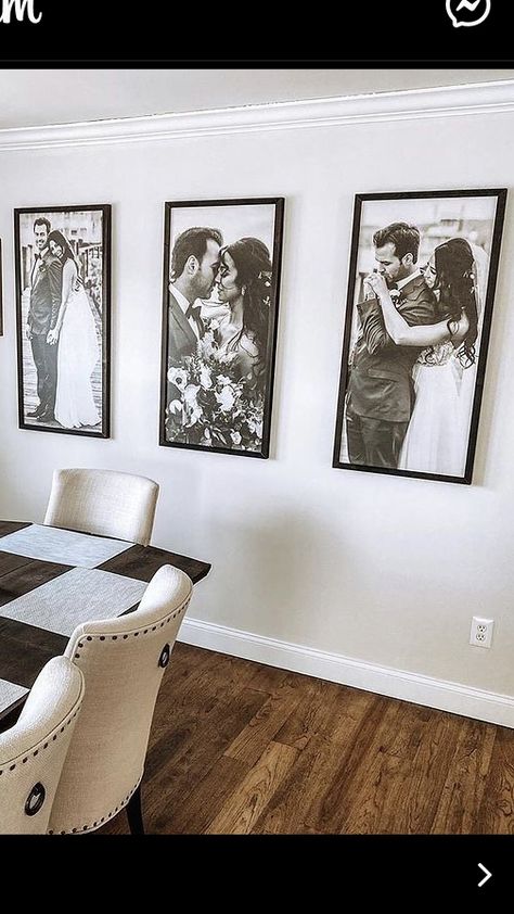 Us Home Decor, Dining Room With Family Pictures, Canvas Living Room Decor Family Photos, Picture Wall Wedding Photos, Family Photo Living Room Decor, Wedding Picture Living Room Display, Long Photo Frame Wall Ideas, Photo Frames In Bedroom Ideas, Mixtiles Photo Wall Wedding