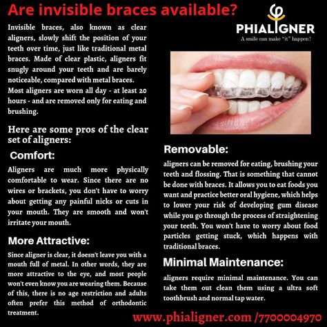 Are invisible braces available? Invisible braces, or aligners, are a great option for people looking to straighten their teeth without traditional metal braces. Visit Us: https://www.phialigner.com Book a consultation today! Call: +91- 77000 04970 Do follow us on: Facebook: https://www.facebook.com/Phialigner-108815718248471/ LinkedIn: https://www.linkedin.com/in/phi-aligner-36244b223 Twitter: https://twitter.com/phialigner?t=8tWLIWWoTkziZYHxfijU3Q&s=09 Pinterest: https://pin.it/4nDWtTx Invisible Braces, Teeth Straightening, Metal Braces, Make It Happen, Pin It, Braces, Twitter