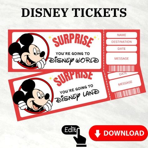 Editable Florida Theme Park Ticket - Instant Download Printable Gift Voucher by DoitDigitalDownloads on Etsy Fake Disney Ticket Printable Free, Disney Plane Ticket Printable, Disneyland Ticket Surprise, Disney Surprise Ticket, Plane Ticket Template, Disney Ticket, Surprise Date, Travel Ticket, Ticket Printable