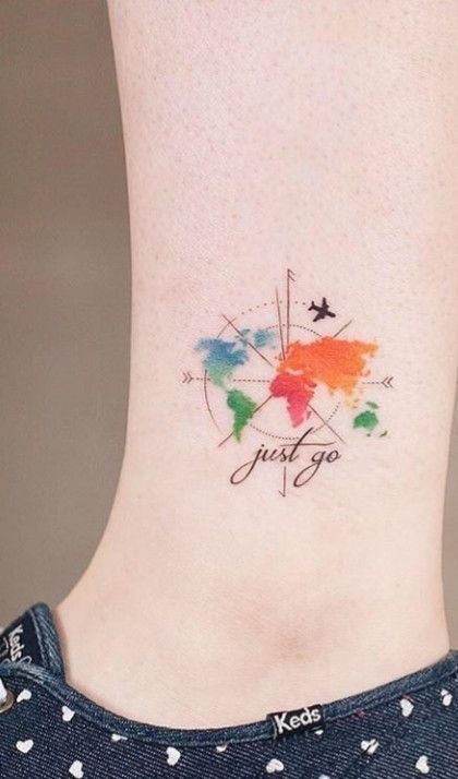 Colorful Travel Tattoos, Ankle Tattoo Colorful, World Travel Tattoos For Women, Small Travel Tattoos For Women, World Tattoos For Women, Minimalist Tattoo Travel, Peace Tattoos For Women, Small Travel Tattoos, World Tattoos