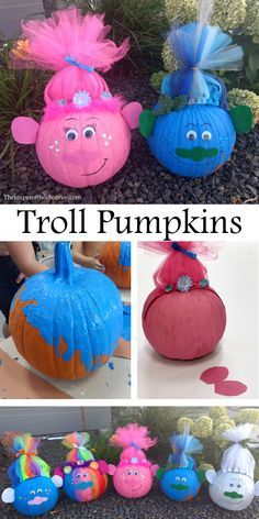 TROLL PUMPKINS Creative Pumpkin Decorating, Character Pumpkins, Pumpkin Decorating Contest, No Carve Pumpkin Decorating, Disney Pumpkin, Pumpkin Contest, Hallowen Ideas, Trolls Birthday Party, Halloween Pumpkins Painted