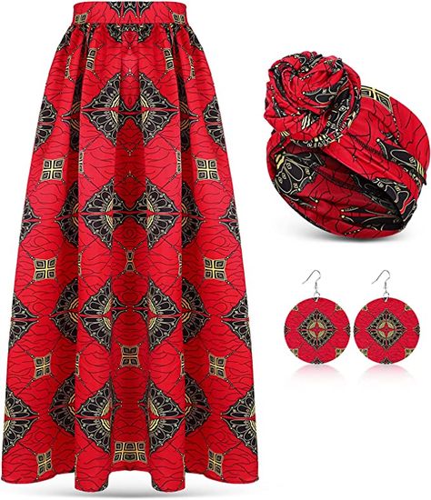 3 Pcs Women African Skirt Printed Maxi Skirt Long Skirts with Pockets Boho Casual Dress Head Wrap Scarf Drop Dangle Earrings at Amazon Women’s Clothing store Zulu Attire For Ladies, African Wrap Skirt, Afro Cornrows, African Attire For Women, African Bohemian, Dashiki Skirt, Skirt Traditional, Griffin Family, Dresses Casual Boho