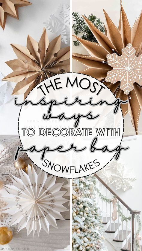 Snowflake Paper Garland, Paper Snowflake Decorating Ideas, Winter Hanging Decorations, Paper Snowflake Wall Decor, Paper Stars Hanging From Ceiling, Christmas Decor Out Of Paper, Paper Winter Wonderland, Snowflakes Diy Decorations, Large Christmas Window Display