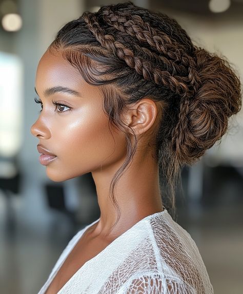 👱 Glamorous Braids Updo Hairstyle: Effortless Curly Updo With Braid Look Halo Braid Updo, Natural Updos For Black Women, Braided Crown Updo, Updo With Braid, Cornrow Updo, Long Relaxed Hair, Cosmo School, Crown Braid Updo, Braids Updo