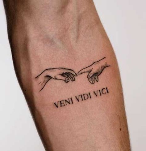 17 Veni Vidi Vici Tattoo Ideas: Empowering Phrases Inked with Pride - besttattoo.wiki - Unveiling Exquisite Ink Art Tatoos Men Ideas Arm, Men's Arm Tattoo Ideas Design, Tatoo Ideas For Men, Waiting Tattoo, Mmvii Tattoo Ideas, The Creation Of Man Tattoo, Italian Tattoo Ideas For Men, Vvv Tattoo, Tattoo Art Ideas