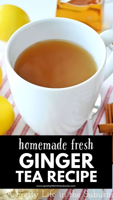 This Homemade Fresh Ginger Tea is a delicious tea made with fresh ginger, lemon juice, honey, cinnamon and cayenne pepper. A simple recipe that is comforting and so tasty. Homemade Ginger Tea Recipes, Fresh Ginger Recipes Drinks, Tea For Upset Stomach, Ginger Honey Tea, Fresh Ginger Tea, Ginger Lemon Juice, Homemade Ginger Tea, Ginger Tea Recipe, Honey Cinnamon