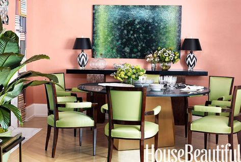 Dining Console Coral Dining Room, Peach Living Rooms, Young Woman Bedroom, Coral Kitchen, Media Room Seating, Green Concept, Green Chairs, Color Of The Week, Hudson Furniture