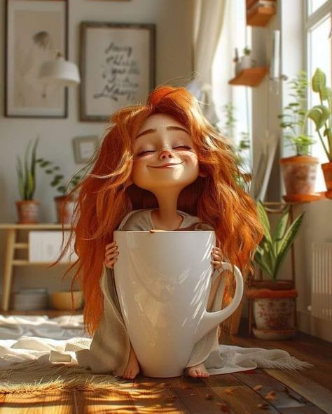 Good Morning Illustration Art, A Cup Of Coffee Photography, Girly Art Illustrations Style, Drawing With Coffee, Cafe Cartoon, Coffee Cup Illustration, Morning Coffee Photography, Morning Coffee Funny, Good Morning Pics