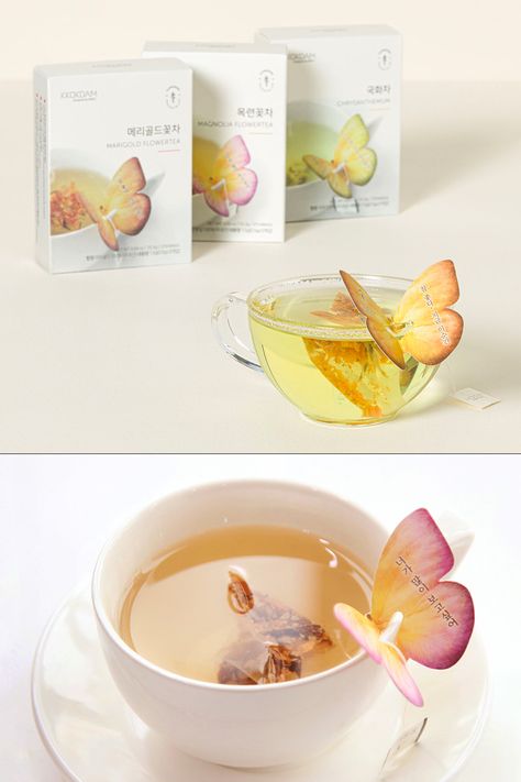 A luxurious tea gift set from Korea with a trio of natural floral teas that include whimsical paper butterflies that sit atop the edge of a teacup. Luxury Tea Party, Luxury Tea Packaging, Tea Packaging Design, Butterfly Tea, Tea Gift Sets, Blue Tea, Paper Butterflies, Tea Packaging, Butterfly Flower