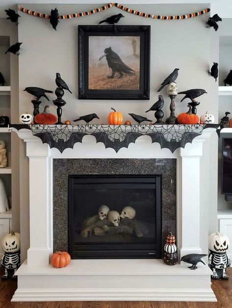 My Raven And Crow Mantel This Year Bigger House, Halloween Table Settings, Halloween Mantle Decor, Halloween Fireplace, Table Halloween, Halloween Decor Diy, Halloween Mantle, Halloween Party Dinner, Halloween Mantel