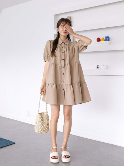 Free Returns ✓ Free Shipping On Orders $49+ ✓. DAZY Solid Ruffle Hem Smock Dress- Women Dresses at SHEIN. Dress And Shirt Layer Outfit, Cotton Night Dress, Smock Dress Outfit, Green Evening Dress, Shein Outfits, Plain Shirt, Layering Outfits, Layer Dress, Daily Dress