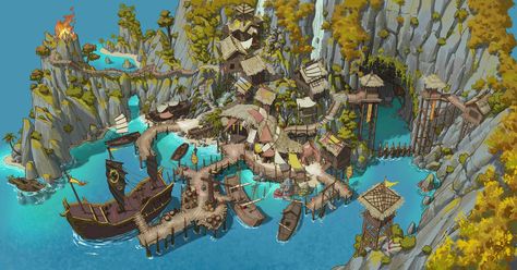 ArtStation - Pirate Wharf, 胖达不胖 Z Pirate Kingdom, Pirate City, Pirate Town, Gods Inspiration, Dnd Idea, City Ideas, Fantasy Architecture, Pirate Island, Dnd World Map