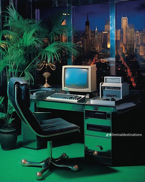 Retro Futurism Interior, 80s Interior Design, 80s Interior, Retro Interior Design, Green Office, New Retro Wave, Vaporwave Aesthetic, Retro Interior, Old Computers