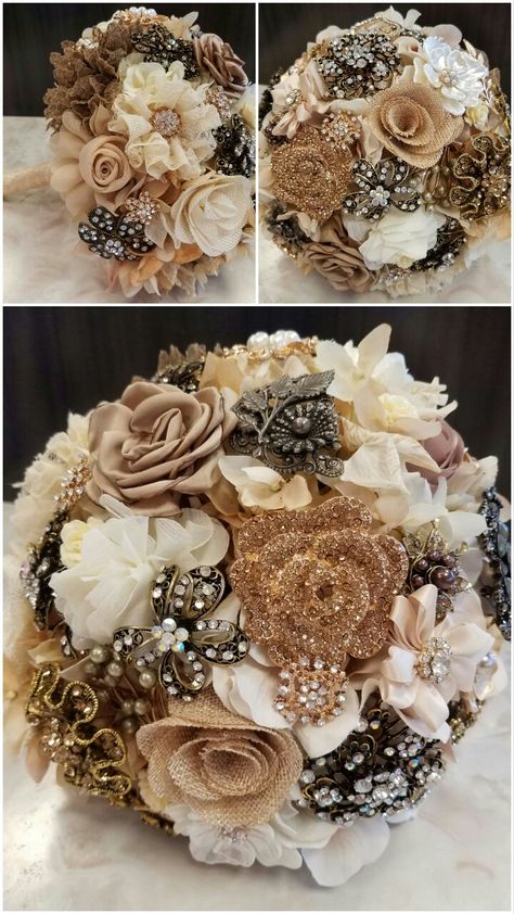 Rustic, vintage, neutals and sparkle! This heirloom brooch bouquet is my favorite! Created by @sixpenceandlace Beaded Bouquet, Fabric Bouquet, Jeweled Bouquet, Bridal Brooch Bouquet, Wedding Brooch Bouquets, Sparkle Wedding, Wedding Brooch, Brooch Bouquet, Brooch Bouquets