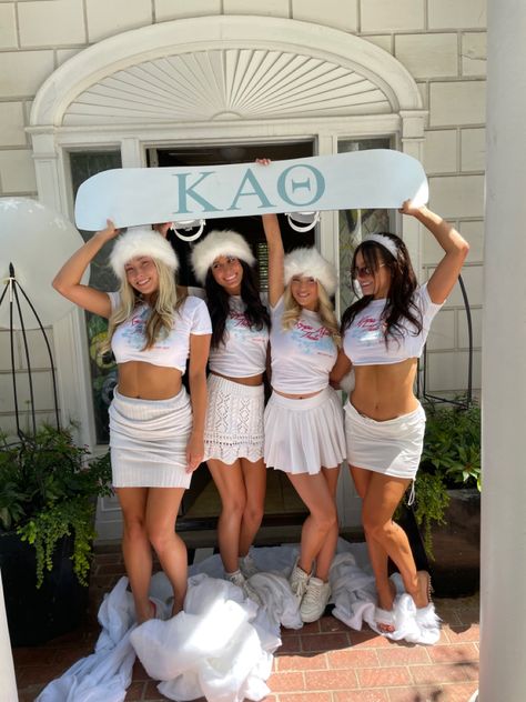 Blue Bid Day Theme, Ski Sorority Theme, Apres Ski Bid Day, Sorority Ski Theme, Snow Bid Day Theme, Winter Bid Day Themes, Ski Lodge Outfit Party College, Ski Bid Day Theme, Ski Lodge Party College