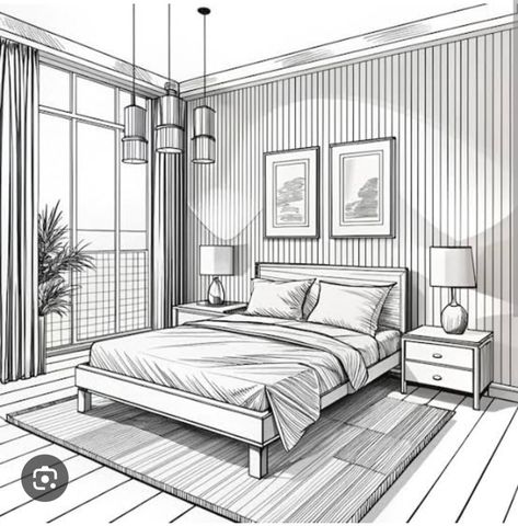 Perspective 2 Point Room, One Point Perspective Bedroom, One Point Perspective Room, 2 Point Perspective Drawing, Perspective Room, Project Room, Bedroom Drawing, Drawing Interior, Interior Architecture Drawing