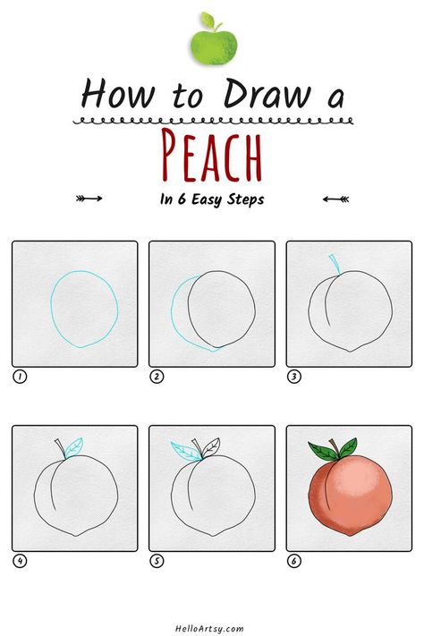 6 drawings demonstrating how to draw a how to draw a peach for kids. Peach Bujo Theme, How To Draw A Peach, Peach Sketch, Draw Fruit, Peach Drawing, Draw Food, Peach Festival, Peach Pit, Fruits Drawing