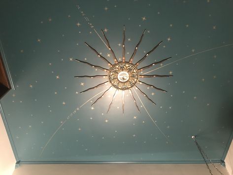 Star Ceiling Medallion, Gold Leaf Star Ceiling, Sun Ceiling Design, Blue Ceiling With Stars, Unique Ceiling Ideas Bedroom, Gold Recessed Lighting, Celestial Ceiling Light, Blue Ceiling Gold Stars, Gold Stars On Ceiling