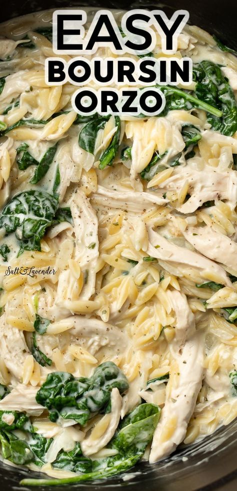 a pot of orzo pasta with text overlay that reads easy boursin orzo Corn Orzo Boursin, Boursin Cheese Orzo Corn, Boursin Pesto Orzo, Orzo Baked Chicken, Chicken And Pasta Healthy, Boursin Cheese Crockpot, Chicken Sausage With Orzo Boursin, Chicken Sausage Orzo Boursin, One Pot Boursin Orzo