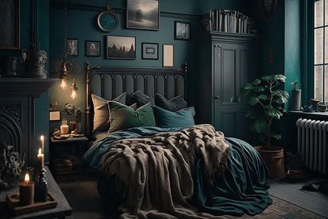 Feminine Bedrooms, Dark Academia Bedroom Ideas, Dark Academia Bedroom, Dark Academia Interior, Dark Green Rooms, Academia Bedroom, Gothic Glamour, Moody Bedroom, Dark Home Decor