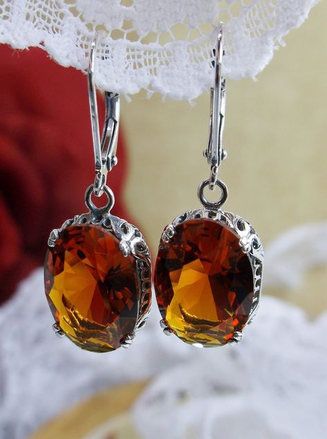 Orange Citrine Earrings/ Sterling Silver/ Oval Simulated Orange Citrine Dangle Drop Edwardian Art Deco Filigree [Made To Order] Design#70 Orange Citrine, Art Deco Filigree, Orange Gem, Edwardian Art, Edwardian Jewelry, Filigree Pattern, Orange Crystals, Orange Earrings, Citrine Earrings