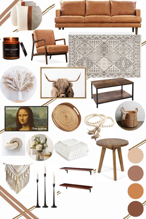 Modern rustic farm house feel. Brown aesthetic. Leather couch. Wooden tables. Cute cozy living. #aesthetic #interiordesign #modernfarmhousedecor #modern #rusticdecor #brown #cozyhome #cozydesign #amazonmusthaves Cognac Couch Living Room Ideas Farmhouse, Brown Leather Living Room Ideas, Cognac Couch Living Room Ideas Modern, Camel Couch Living Room Ideas, Tan Couch Living Room Ideas, Roommate House, Cognac Couch Living Room Ideas, Cognac Leather Couch Living Rooms, Tan Leather Couch Living Room