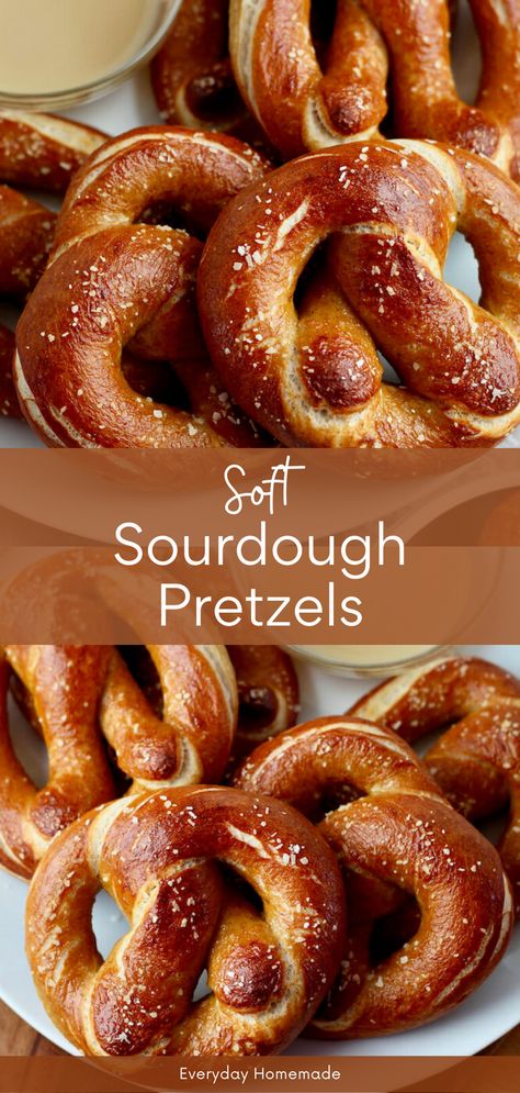 Make these irresistible Soft Sourdough Pretzels today! This easy recipe, using your sourdough starter discard, requires no yeast and is ready the same day. Boil then bake for that classic pretzel look and texture. Enjoy as a homemade snack, shaped traditionally or as pretzel bites, ideal for dipping. Homemade Sourdough Pretzels, Easy Sourdough Pretzels, Sourdough Discard Recipes Pretzels, Fed Sourdough Recipes, Sourdough Soft Pretzels, Sour Dough Pretzel, No Yeast Pretzel Recipe, Sourdough Pretzels Recipe, Active Sourdough Starter Recipes