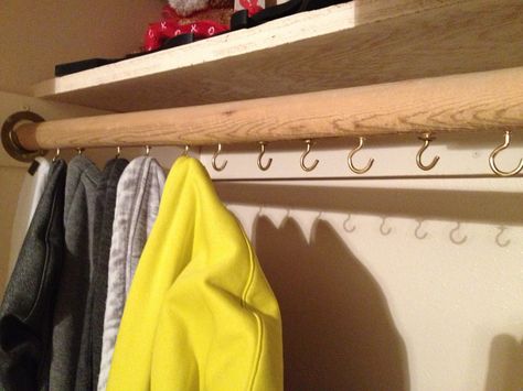 Because it takes a while to hang up all of my hoodies with clothes hangers, I screwed hooks in the rod. Much less time consuming to hang up all of my hoodies now! Sweatshirt Hanging Ideas, How To Hang, Clothes Hangers, Organization Ideas, It Takes, Bathroom Hooks, Clothes Hanger, Hangers, Bedroom Ideas