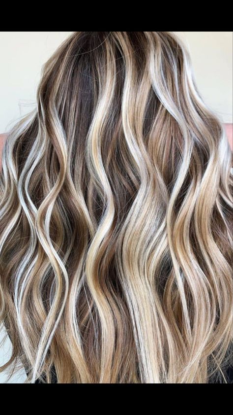 Buttery Highlights, Brown With Thick Blonde Highlights, Brown Hair With Blonde Foilage, Preteen Hair Color Highlights, Highlights For Teens With Brown Hair, Blond Highlights On Brown Hair Wavy, High And Low Lights Hair Blonde Fall, Warm Highlights For Light Brown Hair, Platinum Highlights On Brown Hair