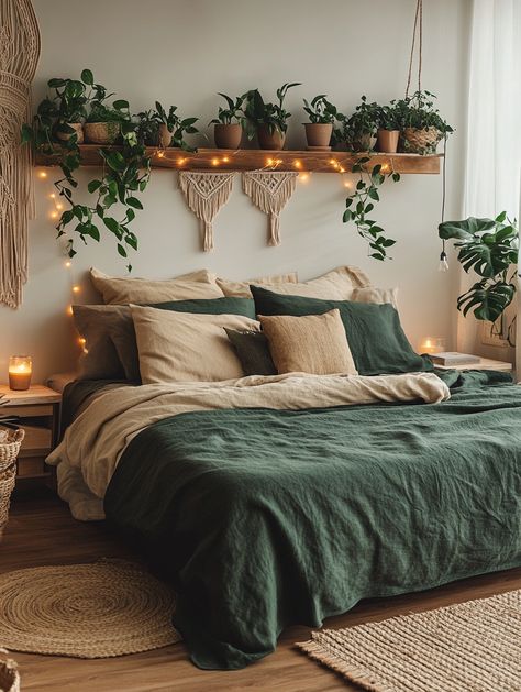 Bedroom With Light Brown Furniture, Small Bedroom Low Light, Cozy Rental Bedroom, Forest Green Bedding Ideas, Cream Colored Bedrooms Ideas, Green Theme Bedroom Ideas, Brown Green And White Bedroom, Boho Clean Bedroom, Green And Tan Bedding