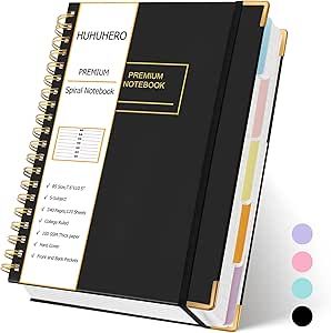 Huhuhero Lined Spiral Notebook Journal, 240 Pages 5 Subject Notebook College Ruled, 7.6" x 10.5” B5 Hardcover Journaling Notebooks for Work Note Taking School, College School Supplies, Black School Supplies Black, 5 Subject Notebook, College School Supplies, College School, Organization Tips, Ink Toner, Notebook Journal, School College, Note Taking