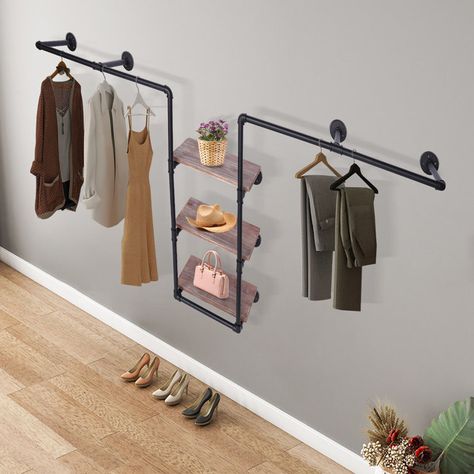 Wall Mounted Wood Shelves, Retail Display Shelves, Wood Storage Rack, Galvanized Pipe, Clothes Making, Closet Organizing Systems, Clothes Stand, Hanging Bar, Industrial Pipe