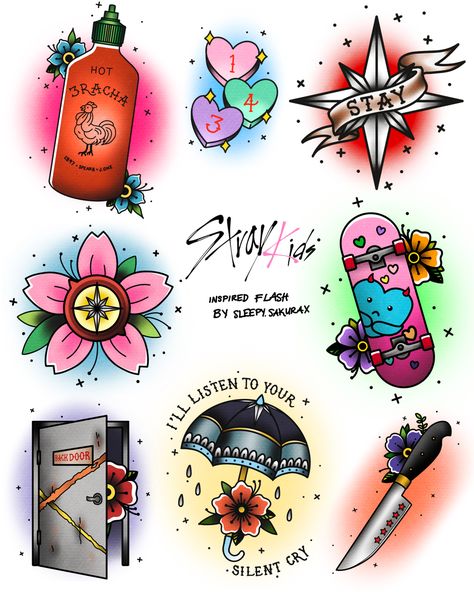 8 stray kids inspired tattoo designs. sriracha bottle, candy hearts “143”, “stay” compass, cherry blossom with compass center, “pipi” skateboard, door that says “back door” with flower, umbrella and flower with lyrics from silent cry, chefs knife with flower and 5 red stars on blade Stray Kids Compass Tattoo, Straykids Inspired Tattoos, Stray Kids Inspired Tattoos, Tattoo Flash Sheet Girly, Flash Sheet Themes, Kid Inspired Tattoos, Kpop Tattoos, Feminist Tattoo, Tattoo Background