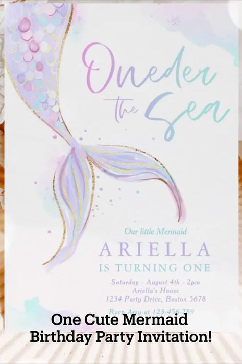 Pretty pastel mermaid's tale one year old birthday party invitation. One Year Old Mermaid Birthday Party, First Birthday Girl Mermaid, Mermaid First Birthday Party, Mermaid 1st Birthday Party, One Year Old Birthday Party, Mermaid 1st Birthday, Oneder The Sea, One Year Old Birthday, Mermaid Birthday Party Invitations