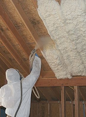 Buyer's Guide to Insulation: Spray Foam. - closed cell for the garage. Garage Insulation, Spray Insulation, Attic Insulation, Attic Flooring, Home Insulation, Attic Conversion, Attic Design, Attic Bathroom, Spray Foam Insulation