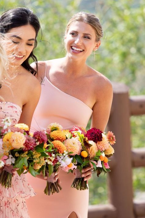 Coral dahlia, peach dahlia, kumquat, blush sweet pea, white mock orange - pink orange peach bridesmaid bouquets Sweet Pea Bridesmaid Bouquet, Wedding Bridesmaids Bouquets, Coral Dahlia, Peach Dahlia, Dahlia Wedding Bouquets, Wedding Bridesmaid Bouquets, Peach Bridesmaid, Dahlia Bouquet, Mock Orange