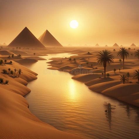 Image of a serene, epic ancient Egyptian Nile River desert scene at sunset, with warm golden tones royalty free stock photography Camels Art, The Point Of No Return, The Art Of Life, Point Of No Return, Desert Scene, Art Of Life, Nile River, Global Network, Stock Photography Free