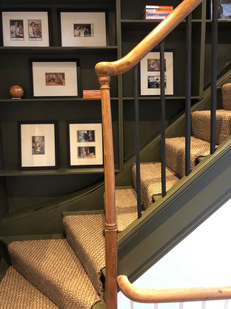 Invisible Green Little Greene, Moss Green Hallway, Green Stairwell, Green Staircase, Dark Green Hallway, Cream Hallway, Hallway Panelling, Green Hallway, Bookshelf Makeover